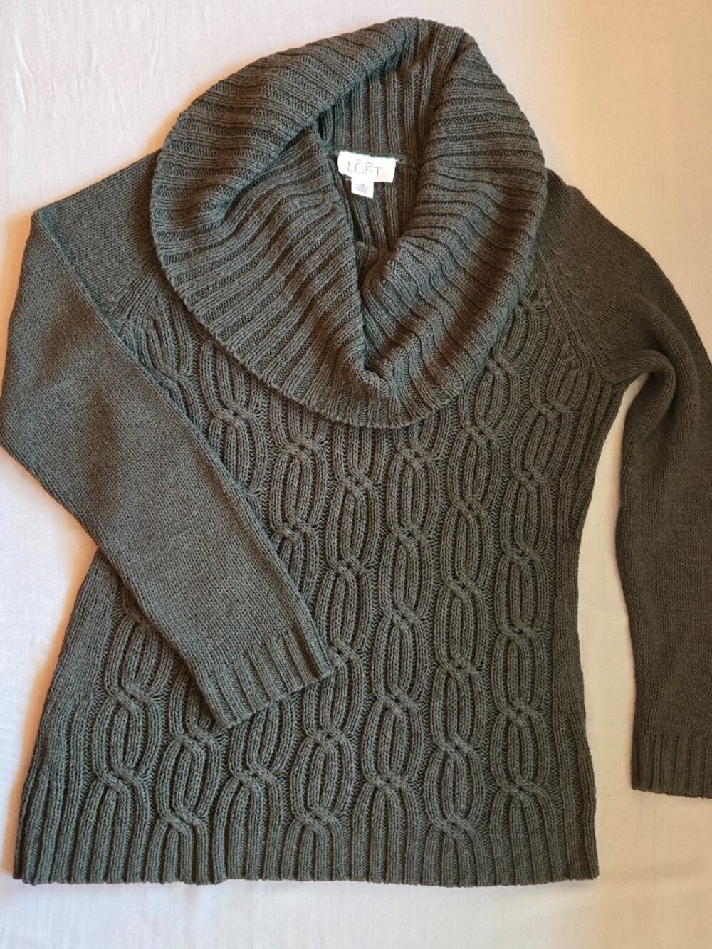 LOFT Cowl Collar Cable Knit Sweater Medium Olive Gray - Picture 9 of 13